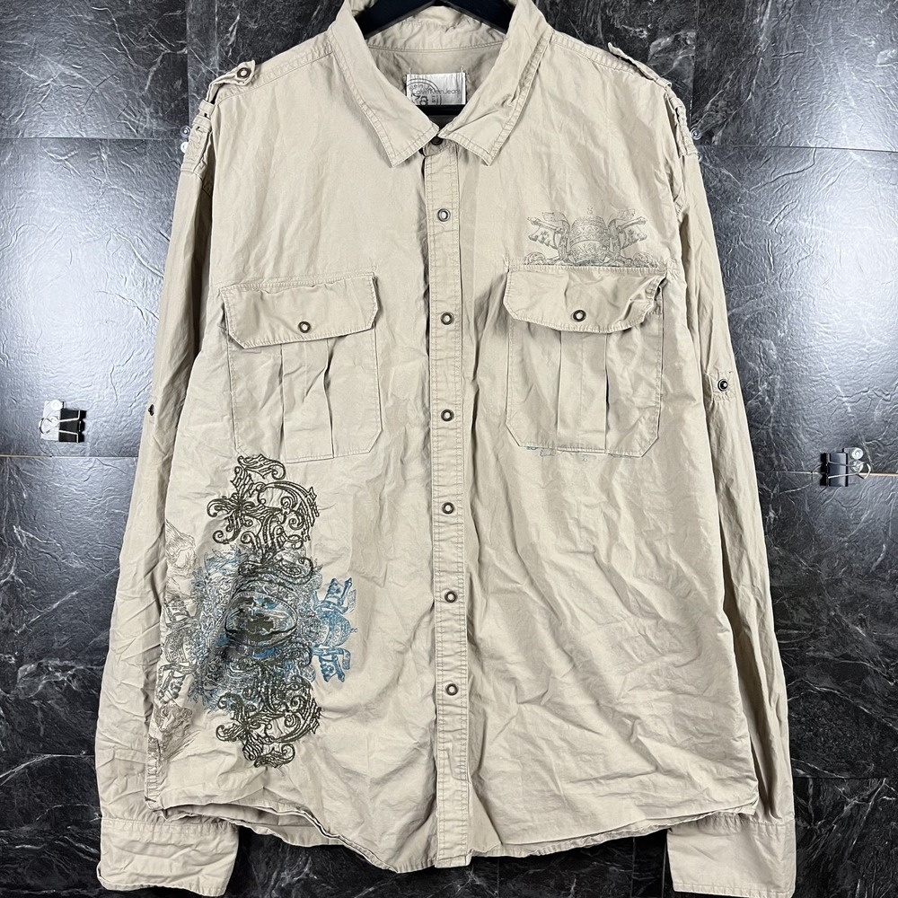 Calvin Klein Men's Beige Vtg Graphic Button Sleeve Shirt 2XL